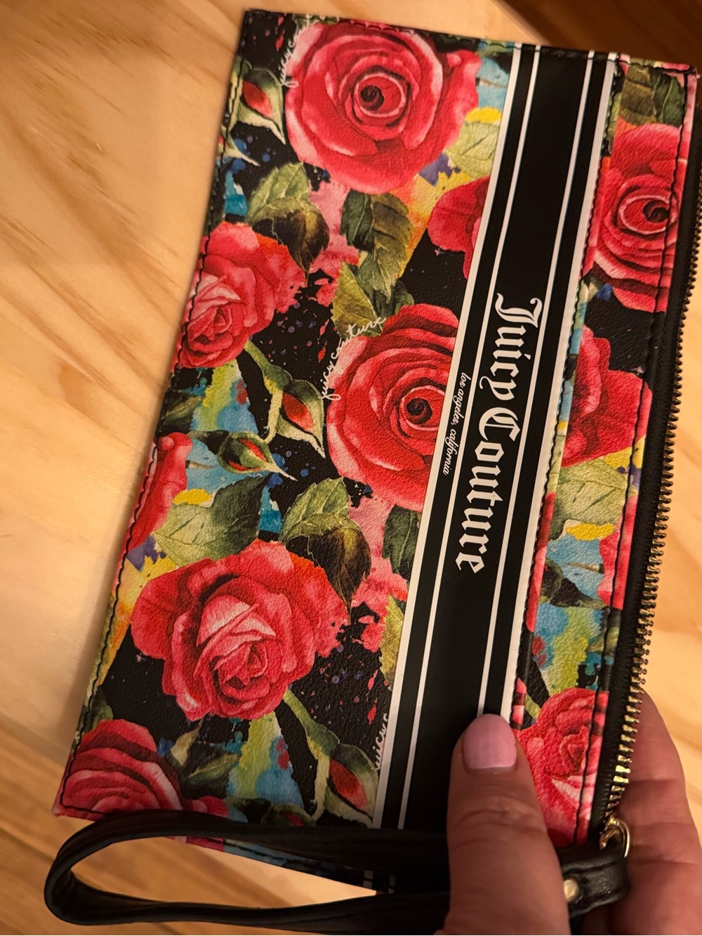 Juicy Couture Black Multi Rose Gothic Logo Stripe Wristlet NWOT - Picture 5 of 7